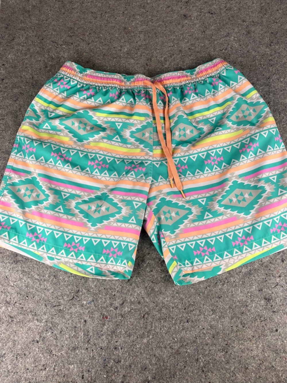 chubbies Teal Aztec-Pattern Swim Trunks with Peach Drawstring